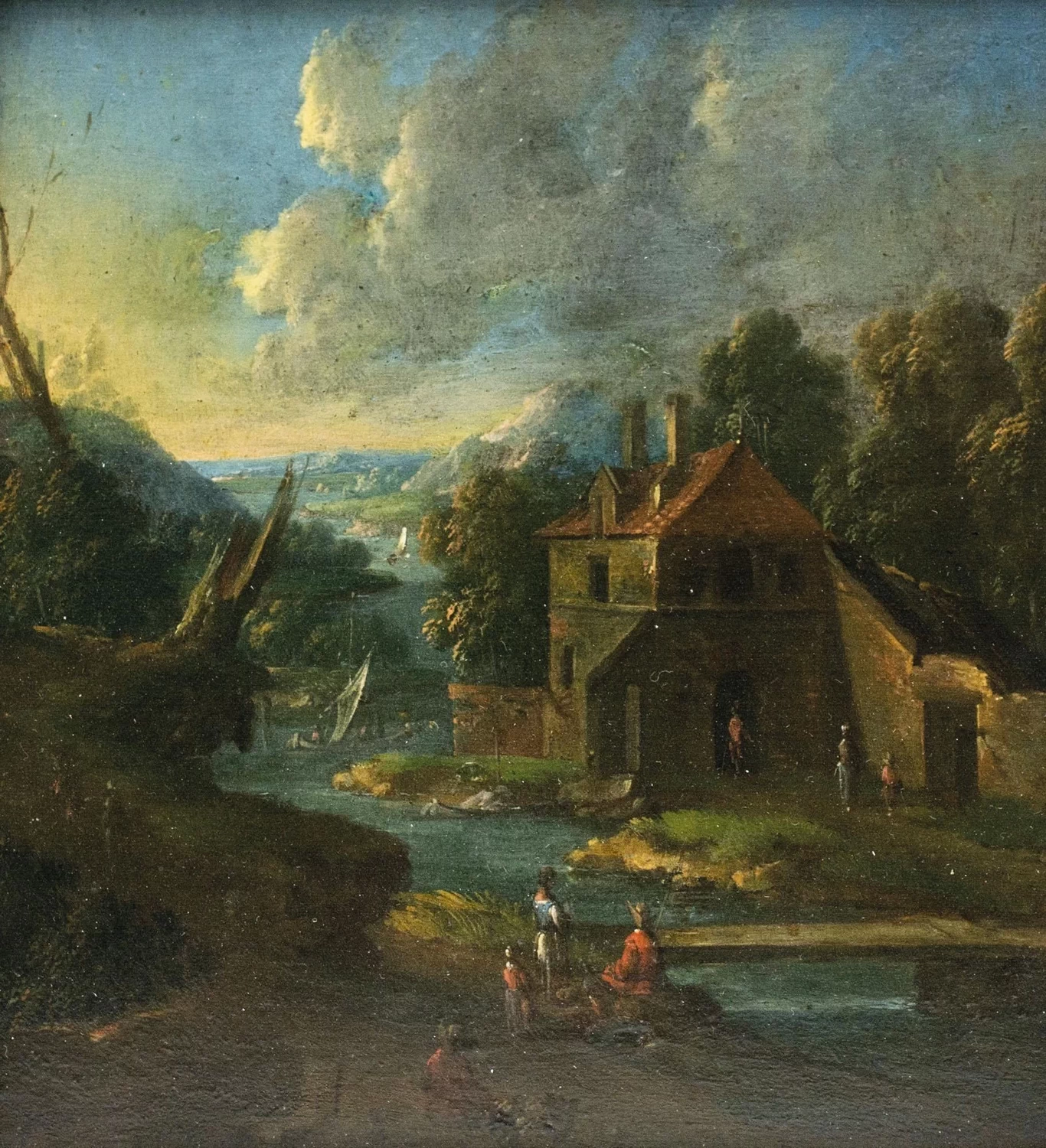 Johann Christian Vollerdt - Paesaggio idilliaco con una casa e un gruppo di figure sul lago